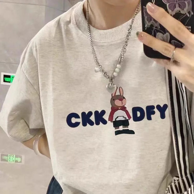 Cotton Loose Summer T-Shirt with Cartoon Print for Women