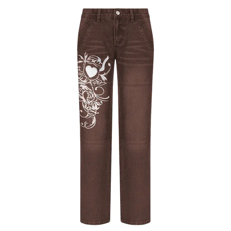 Low-rise Pleated Heart-print Loose Washed Jeans