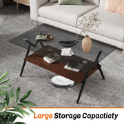 Rectangle Coffee Table with Tempered Glass top and Brown MDF Shelf
