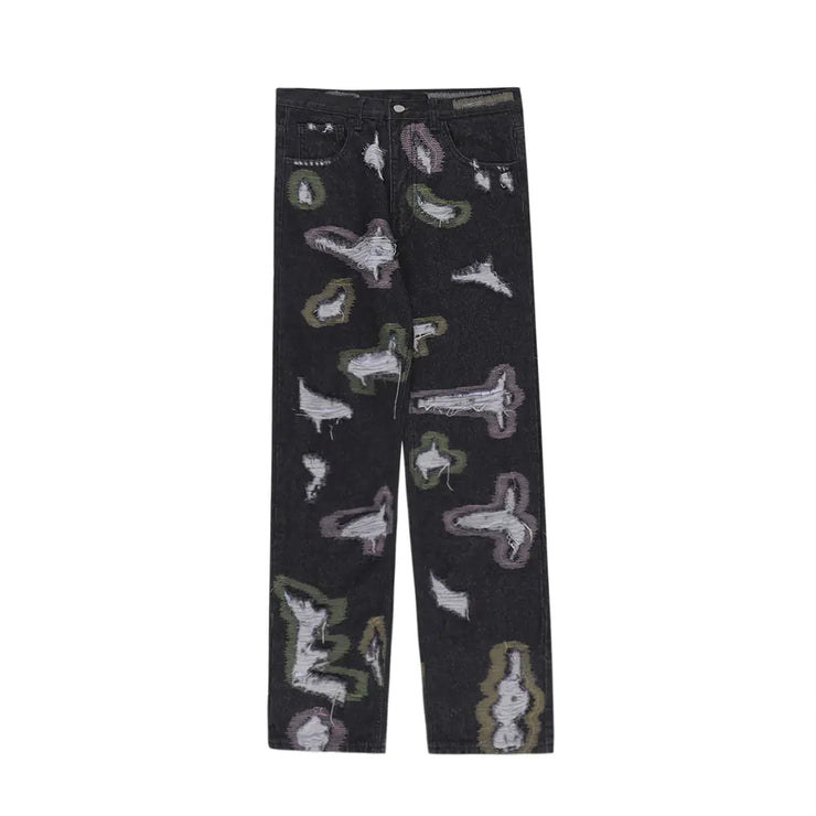 American Style Ripped Embroidered Color Contrast Jeans