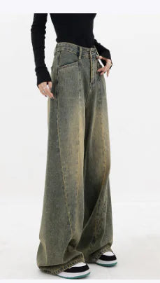 American Retro Distressed Straight-leg Wide-leg Jeans