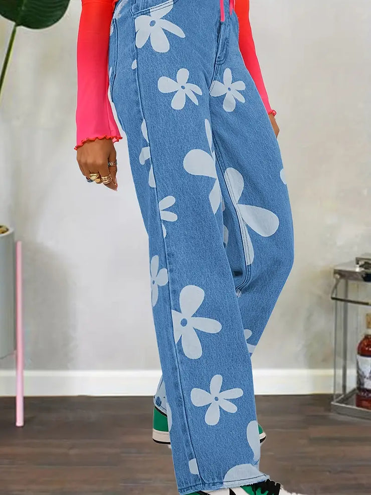 Blue Floral Print High Waist Baggy Denim Jeans for Women