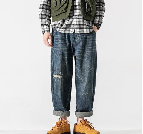 Retro Distressed Loose Fit Hip Hop Cropped Jeans