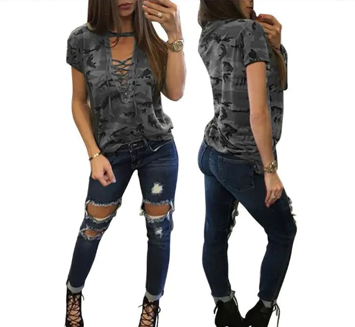 Camouflage Deep V Neck Long Sleeve Women&