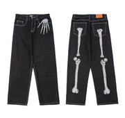 Men's Dark Skeleton Embroidered Jeans