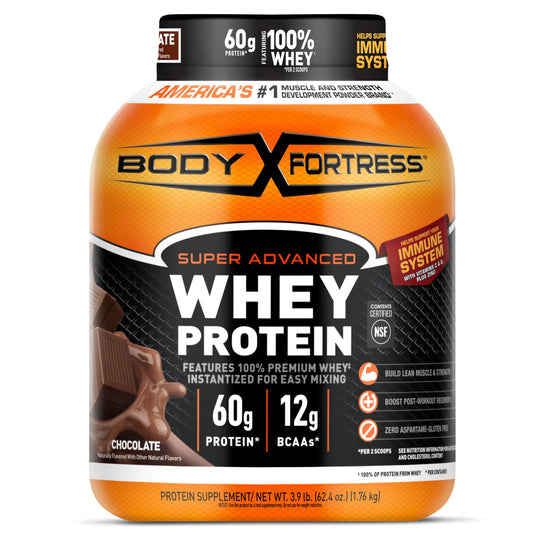 Body Fortress Super Advanced Whey Protein Powder Chocolate Immune Support (1) Vitamins C & D Plus Zinc 3.9 lbs.