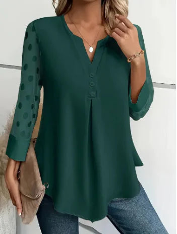 Irregular Hem T-Shirt, 3/4 Sleeve, Solid V-Neck