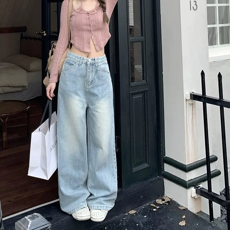 Retro Washed Low Waist Straight Leg Jeans
