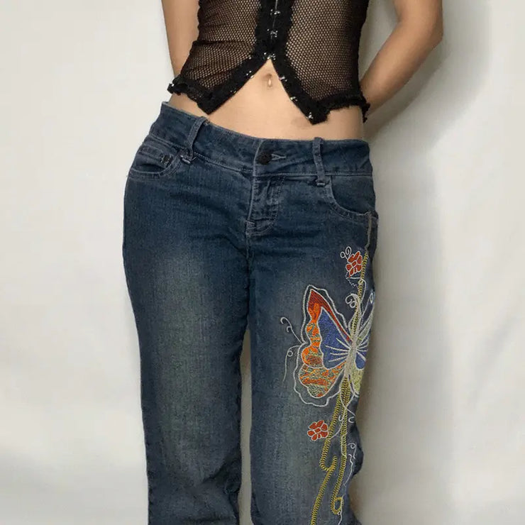 Fashionable Retro Butterfly Embroidered Low-rise Jeans