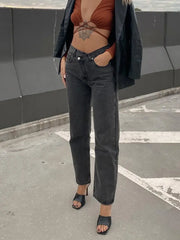 Gray High-Rise Straight Leg Baggy Jeans with Pockets