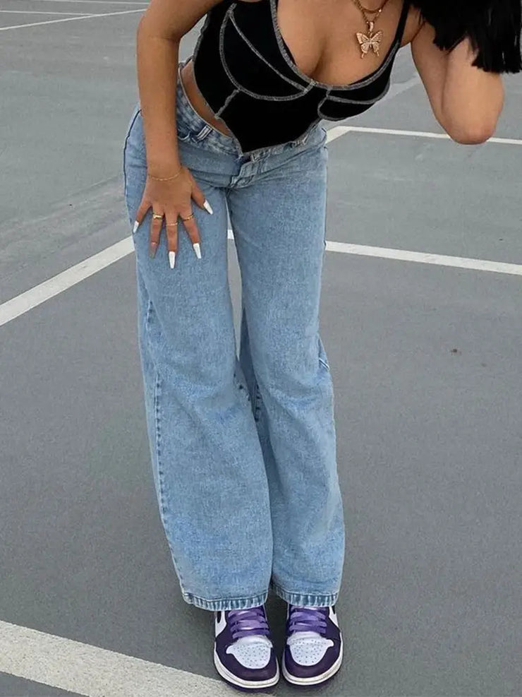 High Waist Loose Fit Wide Leg Denim Jeans for Women