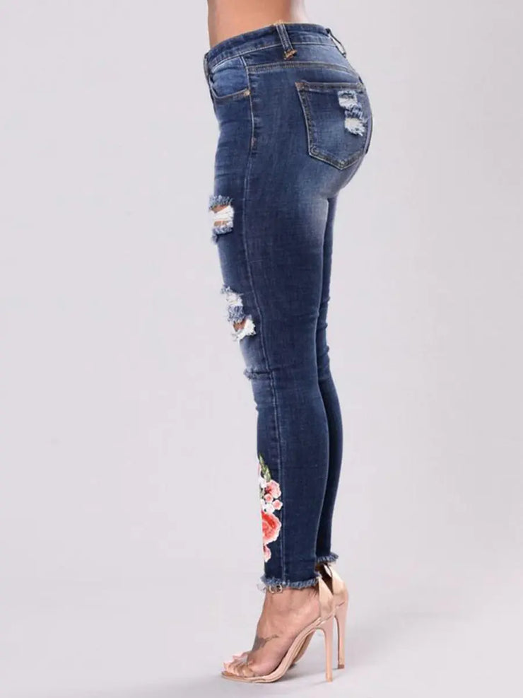 High Waist Ripped Flower Embroidered Jeans