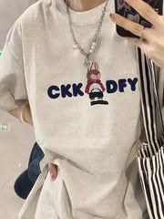 Cotton Loose Summer T-Shirt with Cartoon Print for Women