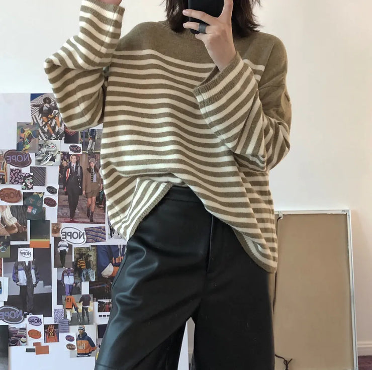 Chic Striped Knit Sweater for Women - Loose Fit