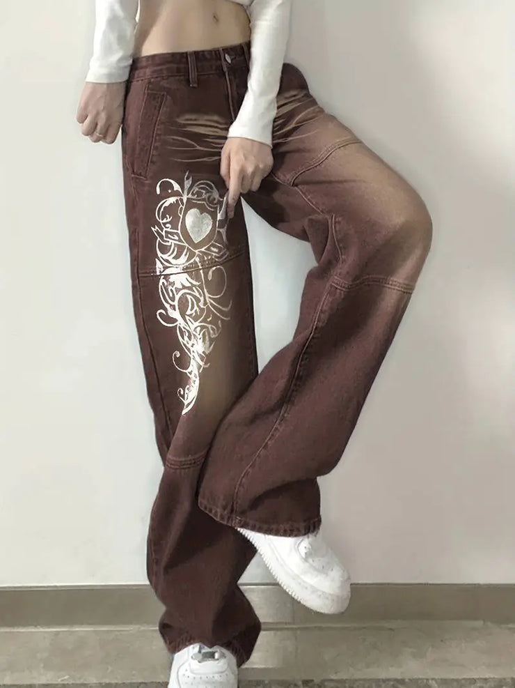 White Floral Print High Waist Baggy Fit Jeans for Women