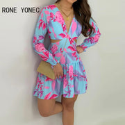 Women's Casual Deep V-Neck Long Sleeve Floral Dress