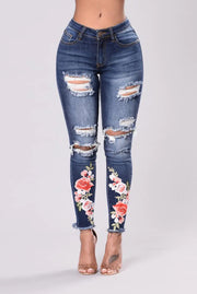 High Waist Ripped Flower Embroidered Jeans