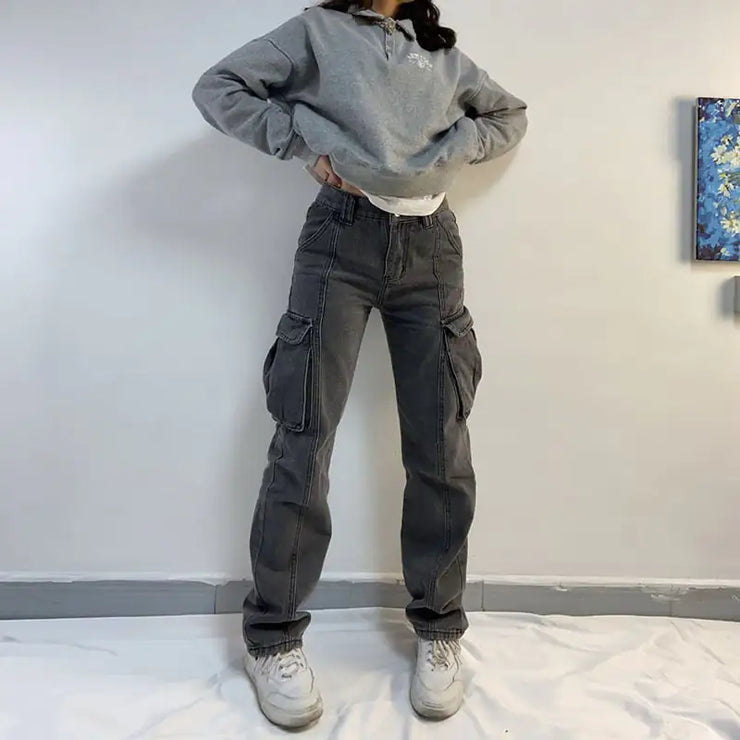 Worn Washed Multi Pocket Casual Jeans
