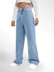 Blue High Waist Loose Fit Straight Leg Denim Jeans