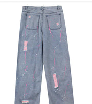 Splash Ink Ripped Washed Jeans for Men's Hip-Hop Fashion