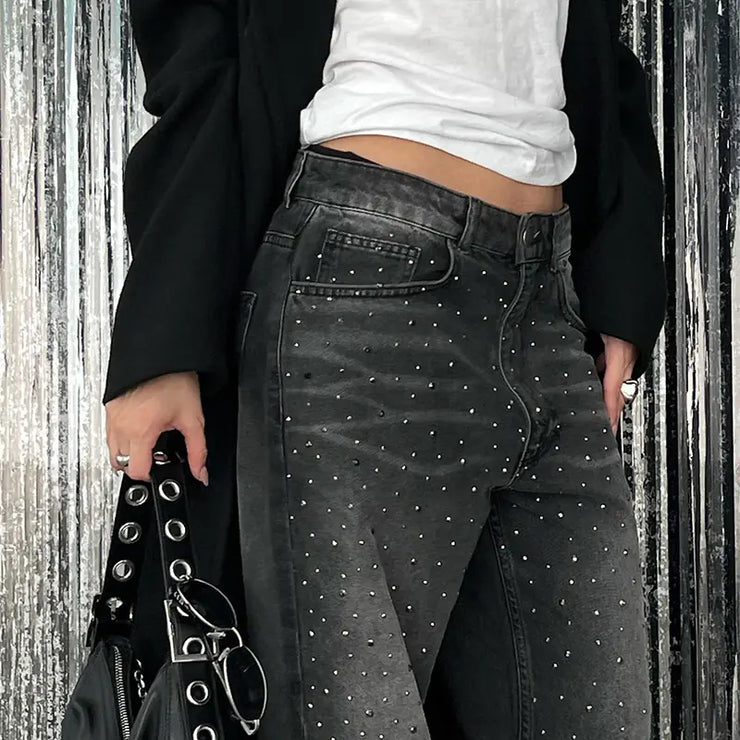 Vintage American Style Rhinestone Wide-Leg Jeans 2024