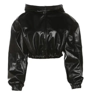 Cropped Black PU Leather Hooded Jacket for Women