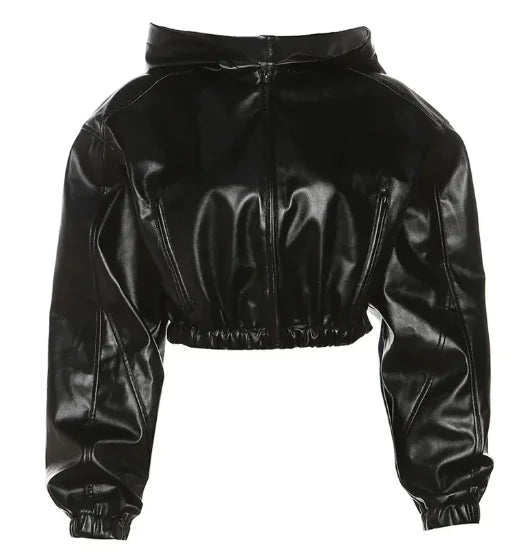 Cropped Black PU Leather Hooded Jacket for Women