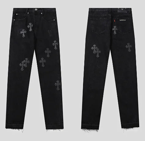 Retro Cross Rhinestone Black Jeans