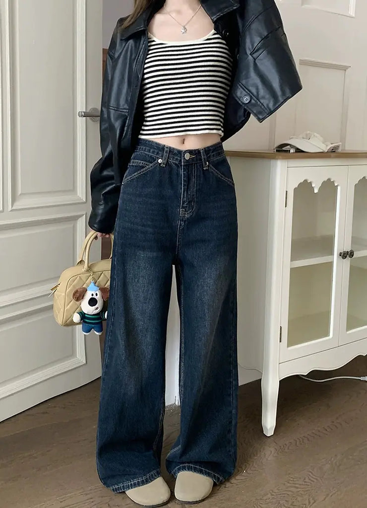 Retro Washed Low Waist Straight Leg Jeans