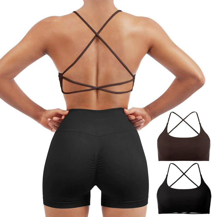 SUUKSESS Women 2 Piece Open Back Sports Bra Pack Strappy Workout Gym Yoga Crops (Dark Brown & Black M)