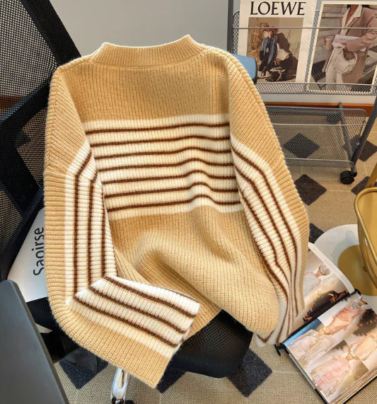 Chic Striped Knit Sweater for Women - Loose Fit