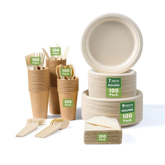 700 Pieces Compostable Disposable Plates for 100 Guests Biodegradable Plates for Party/Dinnerware Set of 100 Dinner Plates 100 Salad Plates 100Spoons 100Forks 100 Knives 100 Cups 100 Napkins
