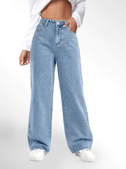 Blue High Waist Loose Fit Straight Leg Denim Jeans
