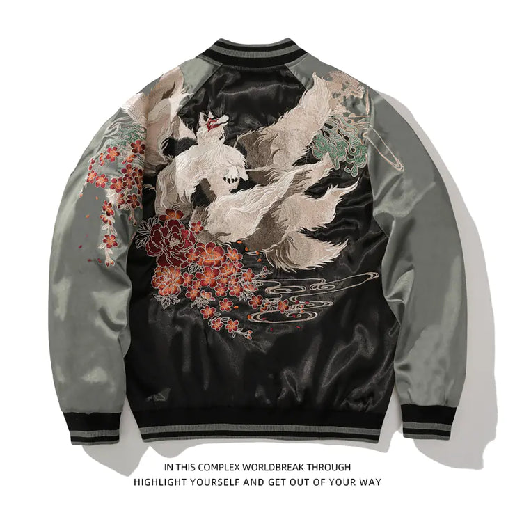 Japanese Dragon Embroidered Bomber Jacket for Men
