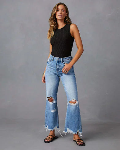Distressed Wide Leg Jeans with Pockets (One Piece)