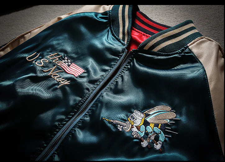 Bee Embroidered Reversible Baseball Jacket (Harajuku Style)