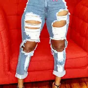 Women's Blue High Waist Ripped Straight Jeans