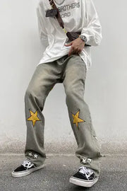 Pentagram Embroidered Loose-fitting Straight-leg Jeans