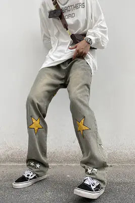 Pentagram Embroidered Loose-fitting Straight-leg Jeans