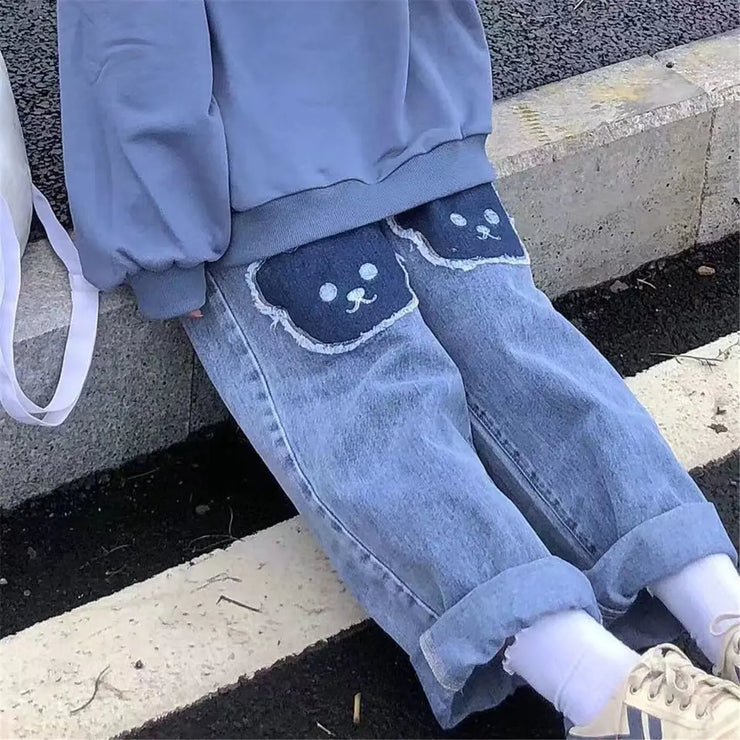 2023 Cute Hip Hop Bear High Waist Denim Baggy Pants