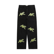 Embroidered Leather Vintage Letter Straight Leg Jeans