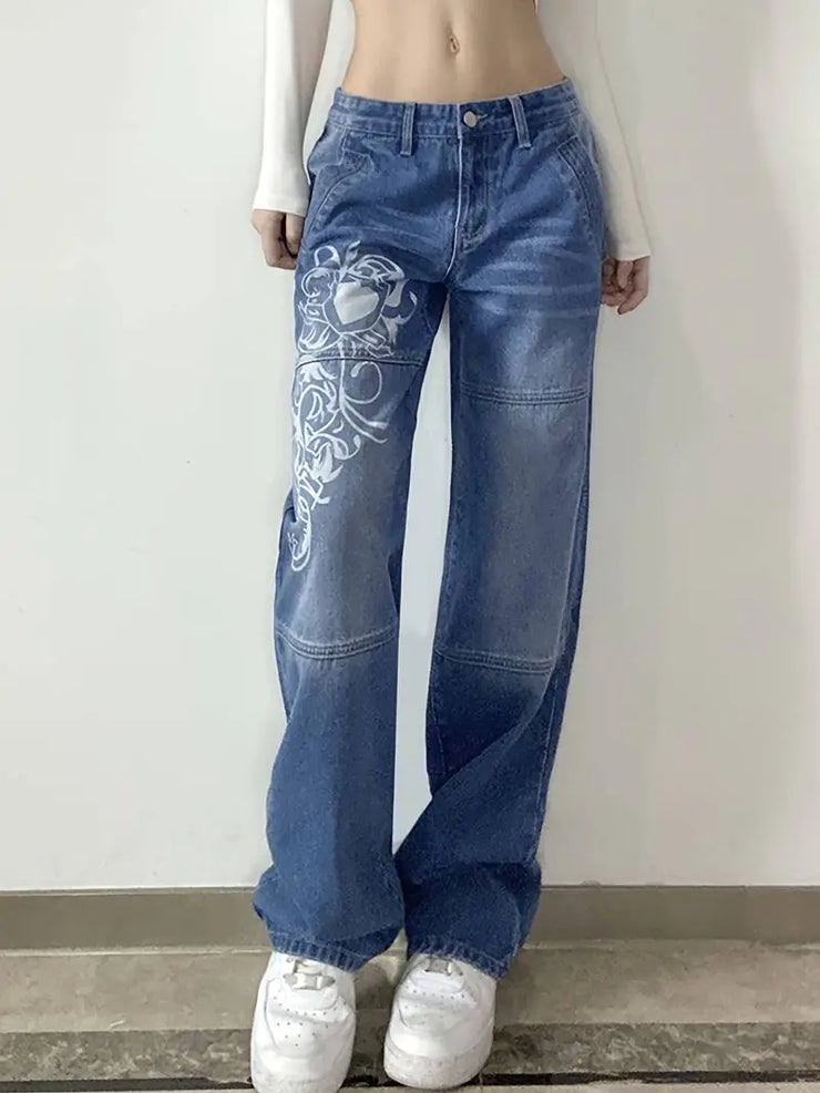 White Floral Print High Waist Baggy Fit Jeans for Women
