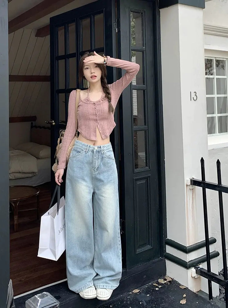 Retro Washed Low Waist Straight Leg Jeans