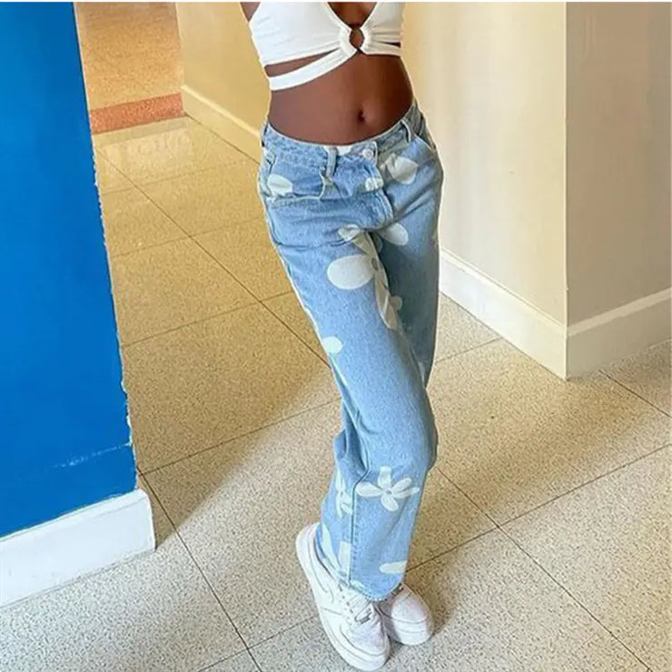 Blue Floral Print High Waist Baggy Denim Jeans for Women