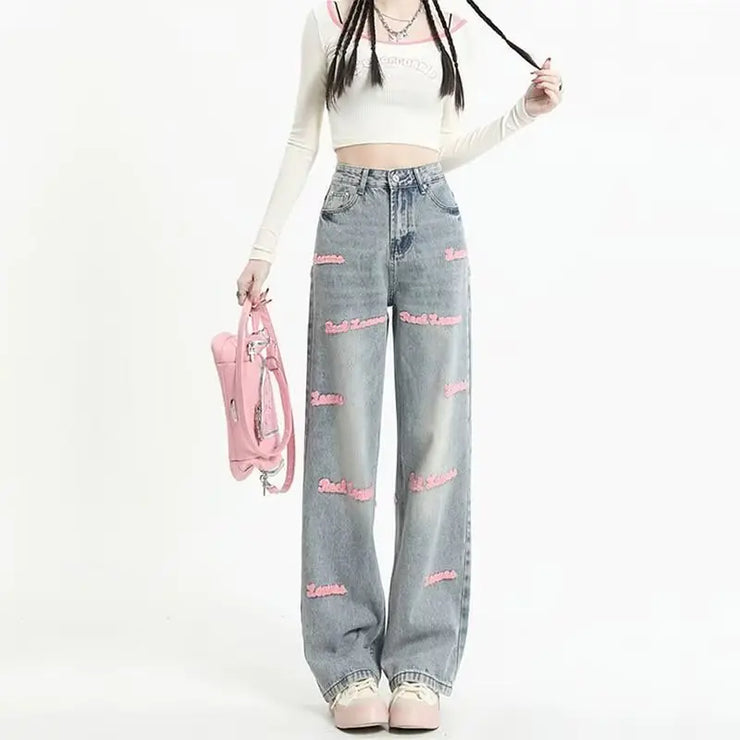 Embroidered European Letter Straight Jeans Design