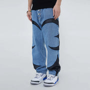 Men's American Retro PU Leather Stitching Jeans