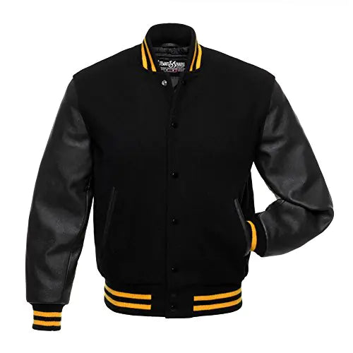 Stewart & Strauss Varsity Letterman Jacket Black Wool & Black Leather