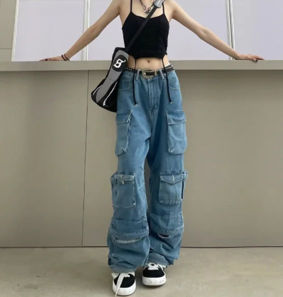 Retro High Waist Baggy Cargo Denim Pants for Women