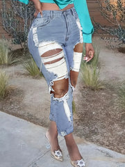 Women's Blue High Waist Ripped Straight Jeans