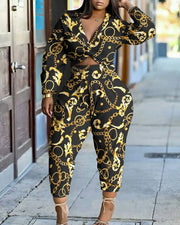 Women's Long Sleeve Printed Two-Piece Suit for Spring/Fall